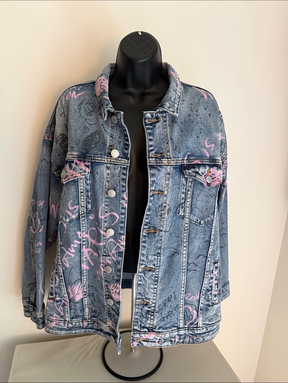 Looks by Wolfgang Joop Oversized Blue Denim Jacket with Pink Graffiti Print